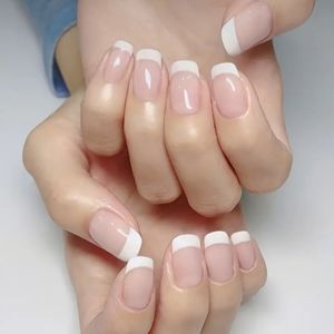 NIB 24 piece set of beautiful classic short gel french tip false nails adhere wi